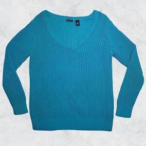 Moda International Teal Ribbed Chunky Knit V-Neck Long Sleeve Sweater